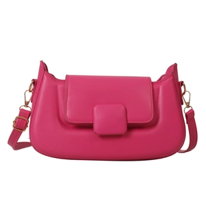 Minimalist magenta PU leather crossbody shoulder bag with golden metal hardware