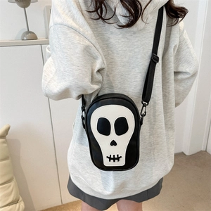 Sac bandoulière en PU noir minimaliste avec motif tête de mort blanche et sangle réglable