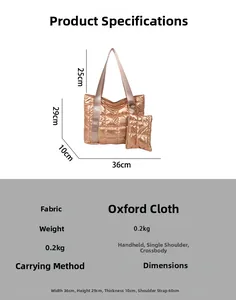Detailed size chart for quilted puffer tote bag in rose gold with dimensions and weight