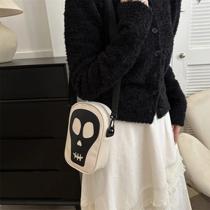Sac Bandoulière pour Femme en Cuir PU avec Imprimé Tête de Mort Style Punk Urbain Simple Petit Sac à Épaule Ovale Tendance