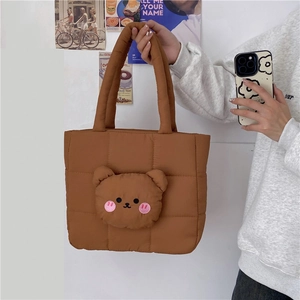Brown quilted nylon crossbody bag with cute 3D plush teddy bear head design