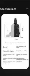 Detailed size specifications and dimensions 28x17x8cm for the nylon crossbody chest bag