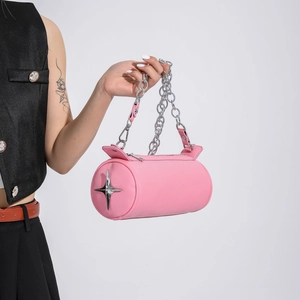 Pink leather cylinder handbag with silver star detail and chunky chain strap for women