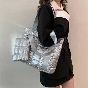 Chic metallic silver quilted tote bag set for women with matching small pouch