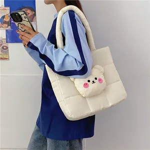 Quilted white nylon crossbody tote bag with cute 3D bear detail for women