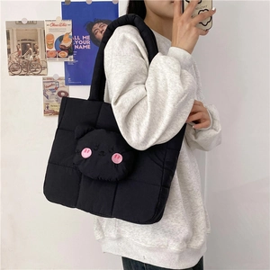 Quilted black nylon crossbody bag featuring a 3D cute cartoon bear head and padded strap