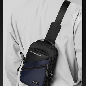 Modern black and blue nylon chest bag for men with multi-layered zipper compartments