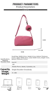 Pink nylon crossbody bag details with size dimensions and capacity comparison view