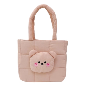 Quilted light pink nylon crossbody bag featuring a 3D cartoon bear head decoration