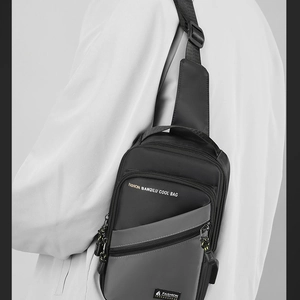 Men's casual nylon chest bag with black and gray patchwork design and adjustable strap