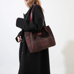 Close-up of red and green plaid wool tote bag worn by model on plain background