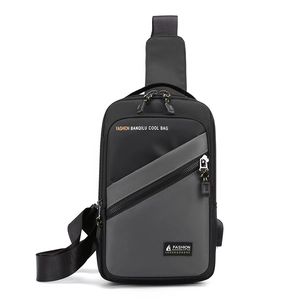 Minimalist nylon chest bag with USB charging port and two-tone grey and black design
