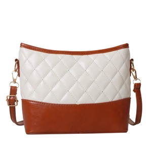 Quilted white and brown PU leather crossbody bag for women with golden metal hooks