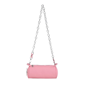 Pink cylinder handbag in lychee grain PU leather with a silver chain shoulder strap