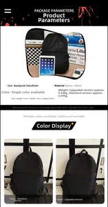 Detail of minimalist black nylon backpack showing dimensions 31x13x45cm and weight specifications
