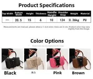 Size chart showing PU handbag dimensions with width, height, and strap length details