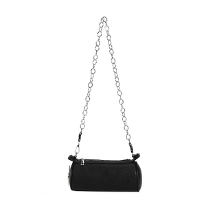 Minimalist black PU cylinder shoulder bag with lychee texture and silver chain strap