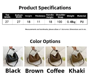 Detailed size chart and multi-color options for the stylish PU leather crossbody handbag