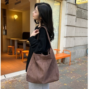 Chic dark brown faux suede tote bag for women featuring a minimalist oversized design