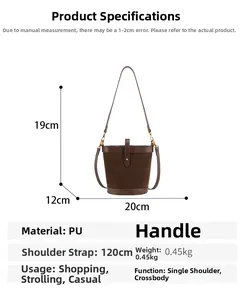 Detailed view of brown PU bucket bag with dimensions and matte texture finish