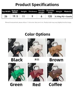Detail view of mini PU and suede handbag showing dimensions and six color variations