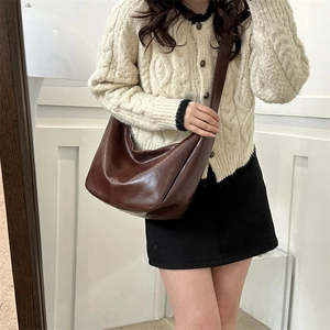 Minimalist chocolate brown PU leather half moon hobo bag with wide shoulder strap