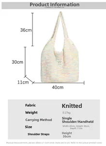 Detailed size specifications for rainbow gradient knit tote bag showing 40cm x 30cm dimensions