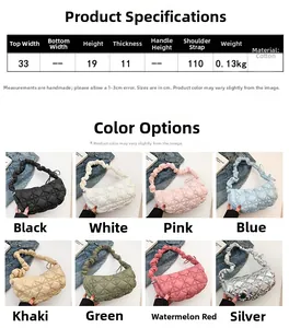 Detailed spec chart for quilted cotton cloud bag with dimensions and multi-color options