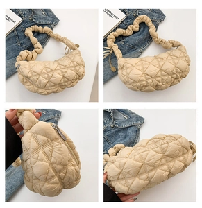 Detailed views of beige quilted puffer bag with ruffled strap from four different angles