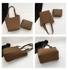 Detail view of brown PU tote bag set showing adjustable strap and inner zipper pouch