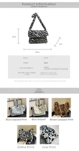 Detailed size and material diagram for animal print plush tote with long shoulder strap