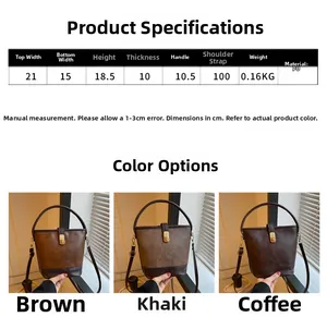 Größentabelle und Maße für die minimalistische PU-Eimertasche in drei verschiedenen Farben