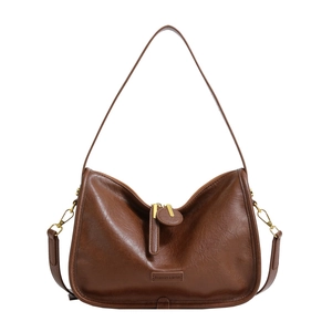 Minimalist dark brown PU leather crossbody bag with gold hardware and double zippers