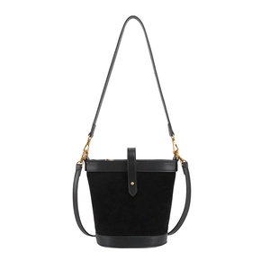 Minimalist black PU leather bucket bag with gold hardware and smooth contrast trim