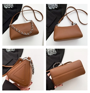 Detailed views of a dark brown leather crossbody bag with silver chain and triangle side profile