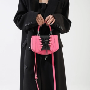 Women Corset Style Lace-up Handbag PU Leather Mesh Patchwork Metallic Handle Shoulder Crossbody Bag Trendy Fashion Purse