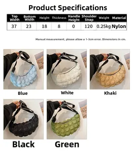 Tabella delle taglie e specifiche dettagliate per la borsa a mezzaluna in nylon trapuntato