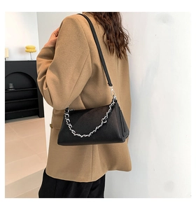 Detail of black lychee grain PU leather shoulder bag with chic silver chain strap
