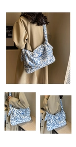 Detailed close-up showing soft plush faux fur texture and blue leopard pattern tote bag