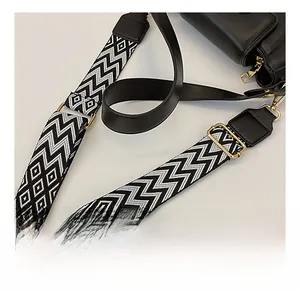 Detailed close-up of premium black PU leather bag with stylish woven strap and gold buckles