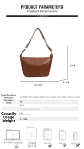 Brown PU leather minimalist shoulder bag with product dimensions and strap length details