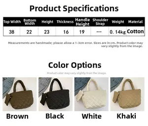 Detail view of cotton quilted tote dimensions and four available classic colors