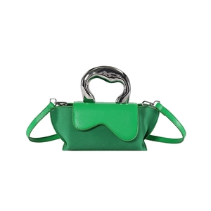 Green minimalist PU leather handbag with metallic wave handle and matching shoulder strap