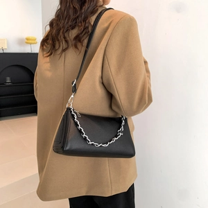 Minimalist black PU leather crossbody bag with decorative silver chain for women