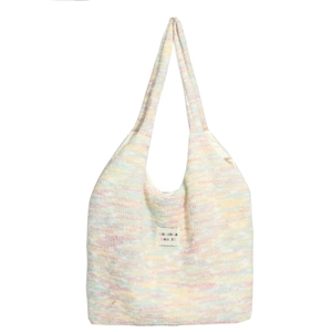 Chic striped knit tote bag with macaron colors and minimalist fabric brand label