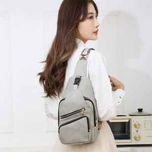 Chic grey PU leather crossbody bag with geometric woven strap and double zipper pockets