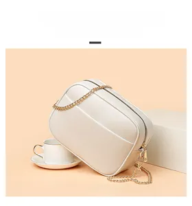 Detailed macro view of white lychee pattern leather crossbody bag with golden chain strap