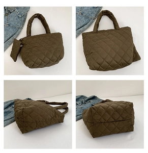 Detailed views of dark brown quilted tote bag with diamond stitching and matching coin purse