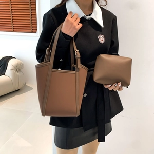 Minimalist brown PU leather tote bag set for women with matching pouch and shoulder strap