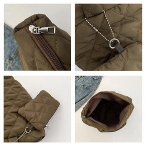 Detailed views of brown quilted nylon handbag showing zipper and silver hardware